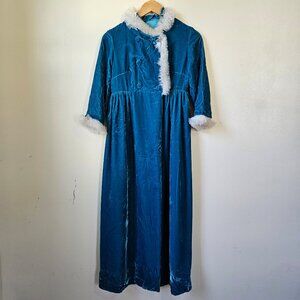 Vintage 60s Mod Blue Velvet Empire Waist Winter Ice Jacket Coat Faux Fur XS‎